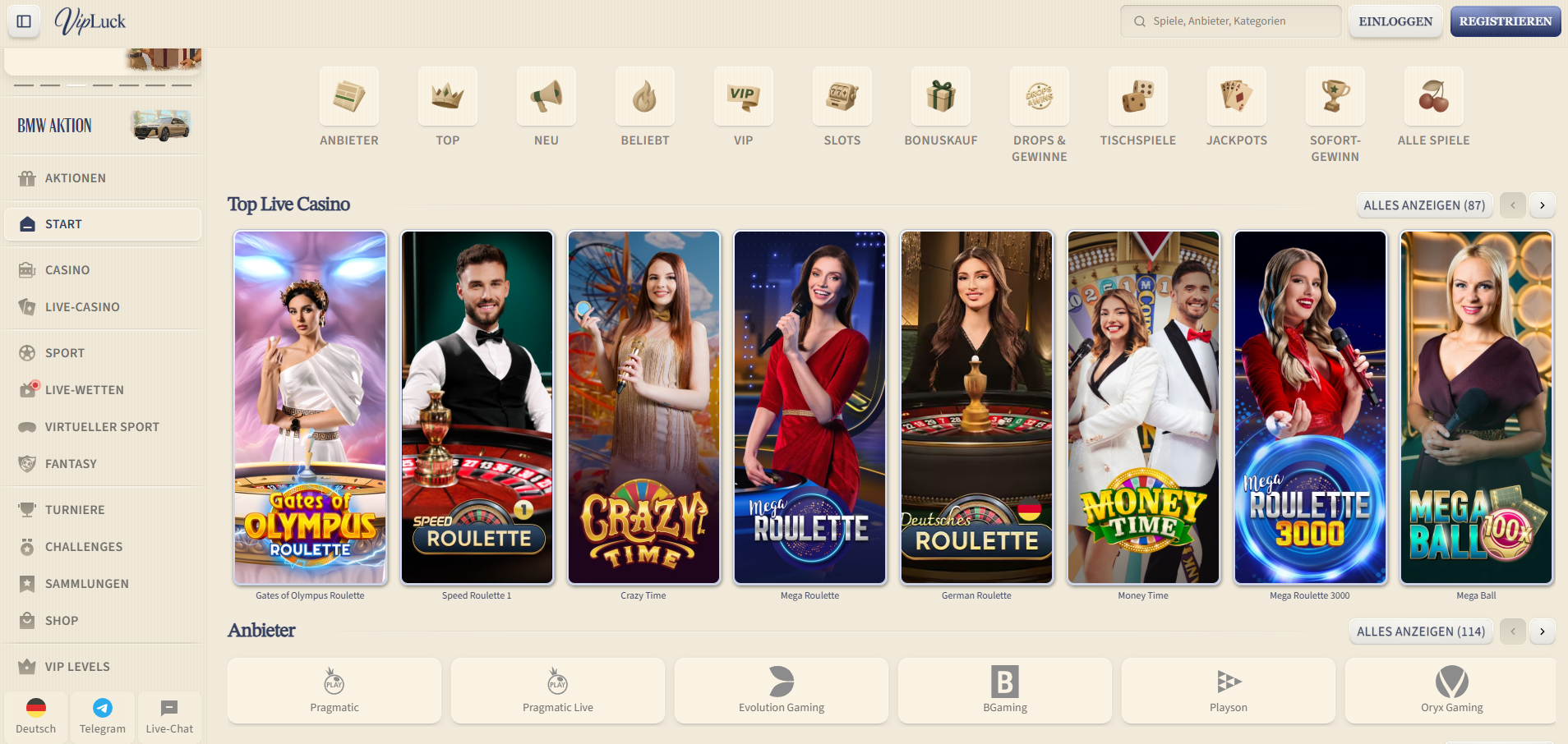 Vipluck Casino Live-Casino Tische